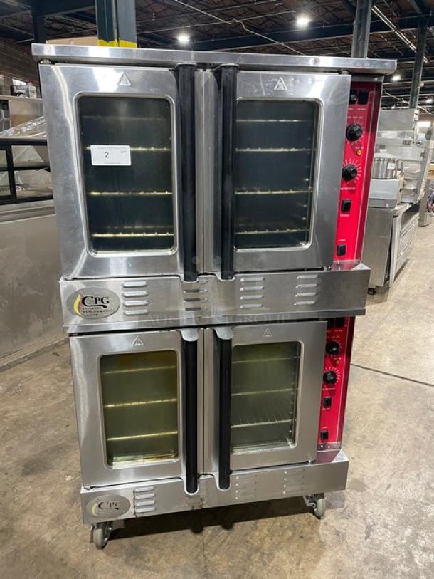 CPG Commercial Stainless Steel Double Stacked Convection Oven, Model FGC100. Natural gas powered, thermostatic control, on casters, wired racks included.