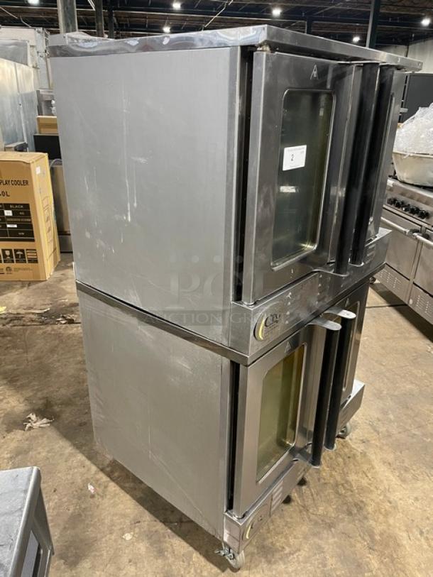 CPG FGC100 double-stacked convection oven, stainless steel, natural gas, thermostatic control, on casters, wired rack.