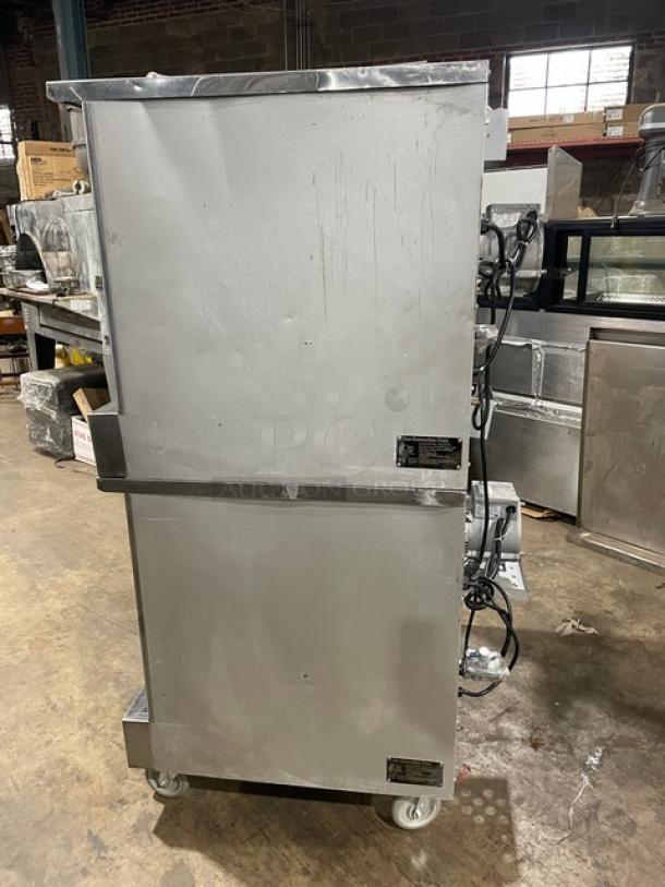 CPG FGC100 commercial stainless steel double convection oven, natural gas-powered, thermostatic control, on casters.