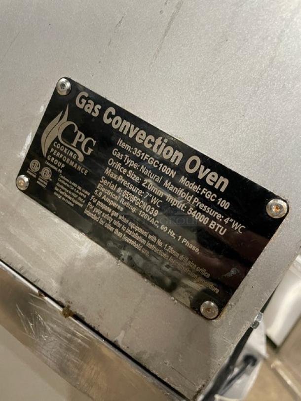 CPG Commercial Stainless Steel Double Stacked Convection Oven, Model FGC100, Natural Gas, 120V 1 Phase, SN: 0520FGCN039.