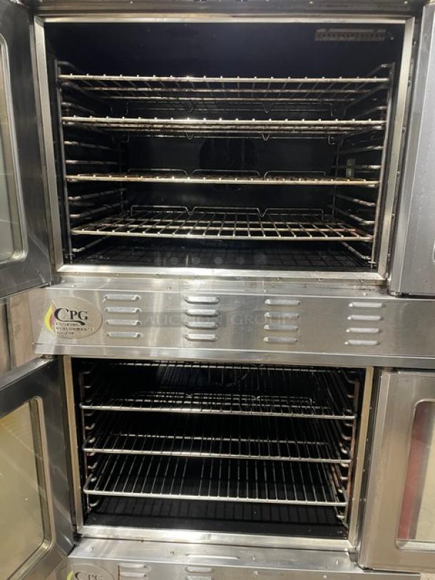 CPG FGC100 double-stacked convection oven with stainless steel finish, thermostatic control, casters, and wired oven racks.