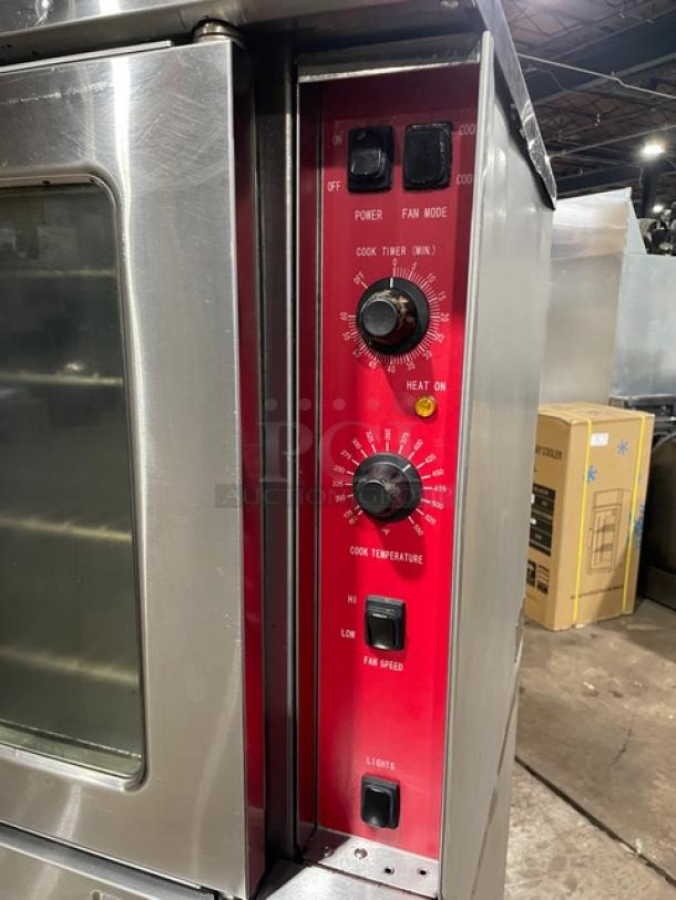 CPG FGC100 stainless steel double-stacked convection oven with thermostatic control, wired rack, on casters, 120V 1 phase.