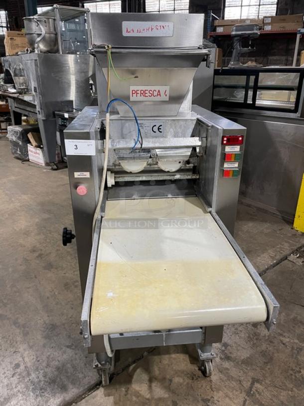 La Baresina BARESINA5.5 stainless steel conveyor pasta machine, electric, 380V, on casters, SN: 10172TVC, used condition.