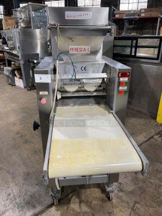 La Baresina BARESINA5.5 stainless steel conveyor pasta machine, electric, 380V, on casters, SN: 10172TVC, used condition.