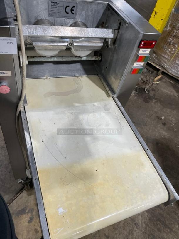 La Baresina BARESINA5.5 conveyor pasta machine, stainless steel, electric, 380V, on casters, model SN: 10172TVC, visible wear.