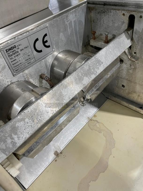 La Baresina BARESINA5.5 stainless steel conveyor pasta machine, 380V, on casters, CE label visible, shows mild wear.