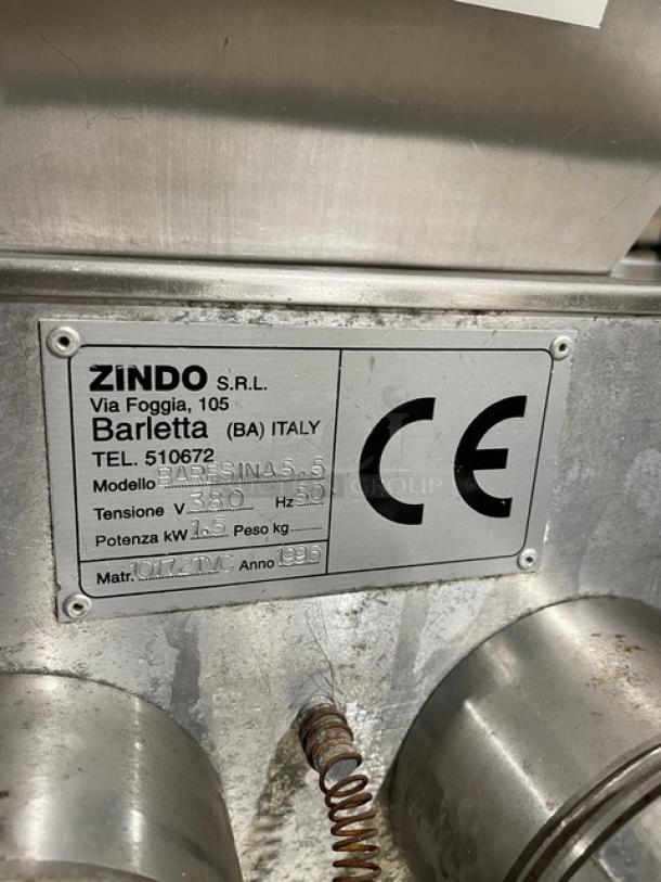 La Baresina BARESINA5.5 stainless steel conveyor pasta machine, model SN: 10172TVC, 380V, on casters, CE certified.