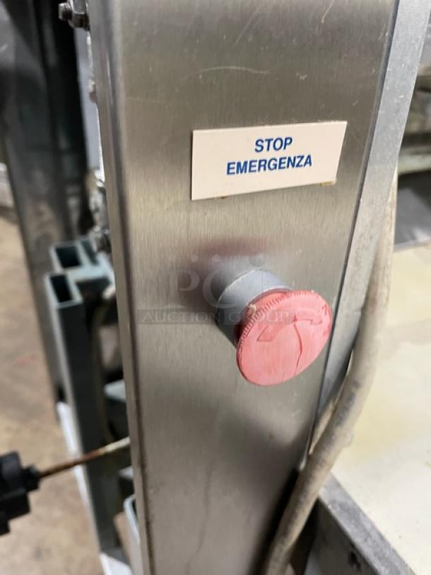 La Baresina BARESINA5.5 stainless steel electric conveyor pasta machine with emergency stop button, 380V, on casters.