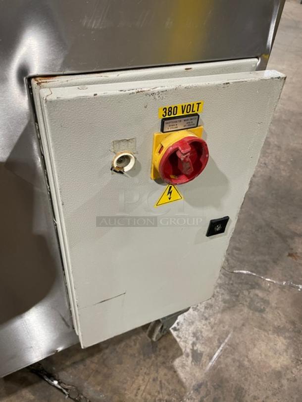 La Baresina commercial stainless steel electric conveyor pasta machine, Model BARESINA5.5, 380V, on casters, SN: 10172TVC.