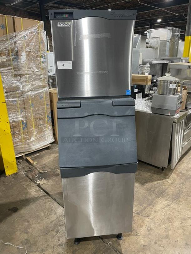 Scotsman Prodigy Series ice machine/bin combo, model C0322SA-1A/B322S, stainless steel, Energy Star certified, on legs.