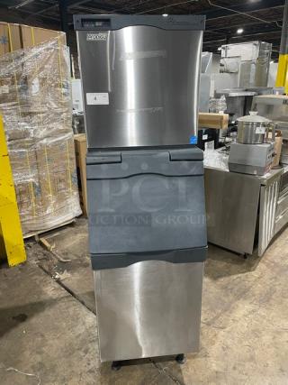 Scotsman Prodigy Series ice machine/bin combo, model C0322SA-1A/B322S, stainless steel, Energy Star certified, on legs.