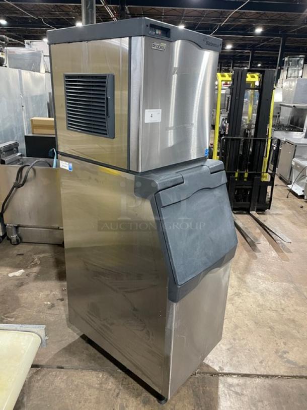 Scotsman Prodigy Series ice maker/bin combo, stainless steel, Model C0322SA-1A/B322S, Energy Star certified, on legs.