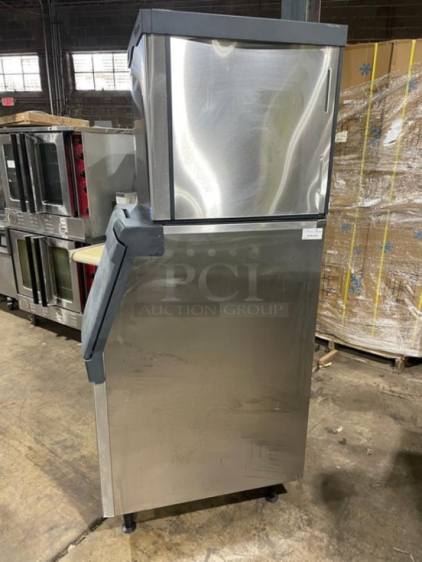 Scotsman Prodigy Series stainless steel ice machine/bin combo, Model C0322SA-1A/B322S, Energy Star certified, on legs.