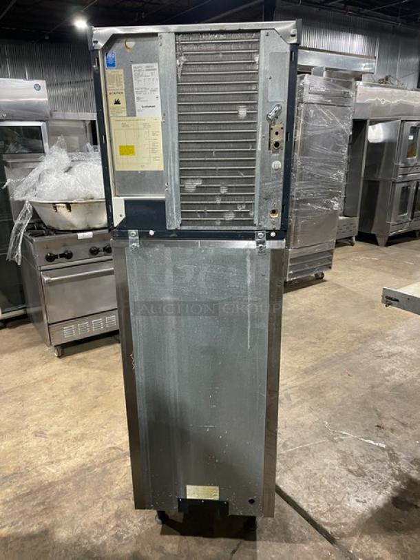 Scotsman Prodigy Series stainless steel ice maker/bin combo, model C0322SA-1A/B322S, 115V, on legs, Energy Star certified.