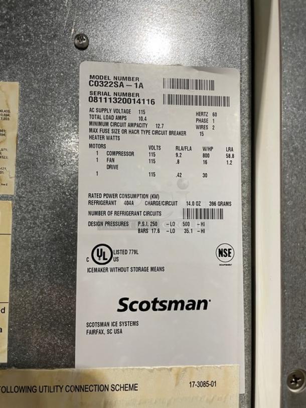 Scotsman Prodigy Series Ice Maker, model C0322SA-1A/B322S, stainless steel, Energy Star certified, 115V, serial number visible.