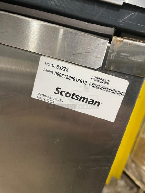 Scotsman Prodigy ice machine/bin combo, model C0322SA-1A/B322S, Energy Star certified, stainless steel finish, on legs.