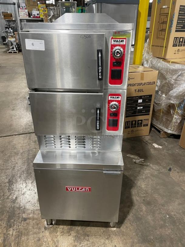 Vulcan VSX24G dual compartment convection steamer, stainless steel, natural gas, individual controls, built-in pan rack, on legs.