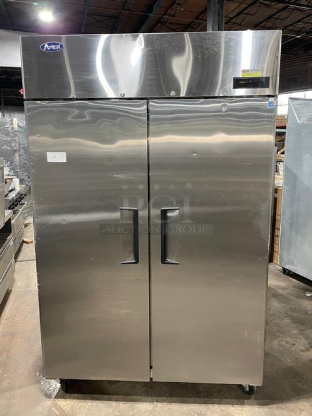 Atosa MBF8002GR 2020 stainless steel 2-door reach-in freezer, Energy Star certified, poly-coated rack, on casters.