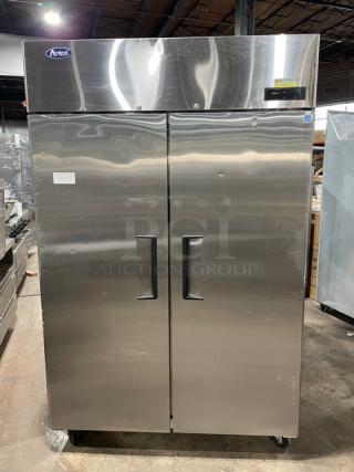 Atosa MBF8002GR 2020 stainless steel 2-door reach-in freezer, Energy Star certified, poly-coated rack, on casters.