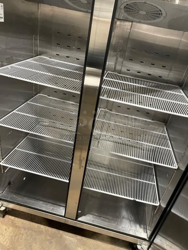 Atosa MBF8002GR 2 Door Reach-In Freezer, stainless steel, poly-coated racks, Energy Star, on casters, 2020 model.