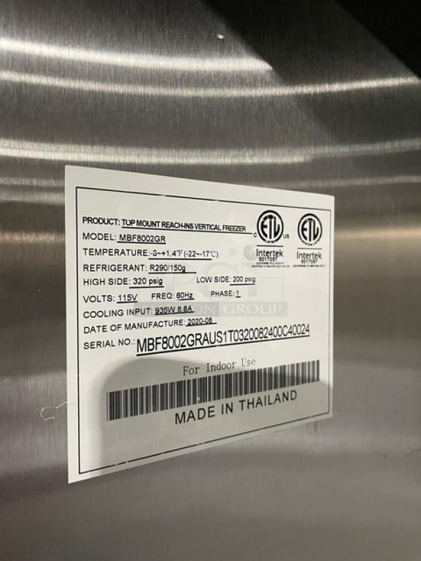 Atosa MBF8002GR commercial stainless steel 2-door reach-in freezer, 2020 model. Energy Star certified, with poly coated wired rack, on casters.