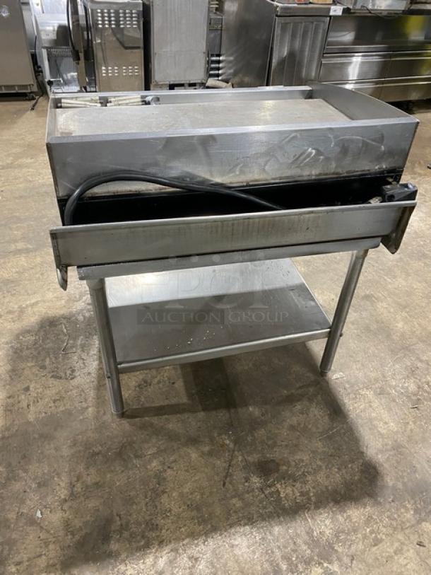 Star Max Series 36" electric flat griddle with back and side splash, single undershelf stand, stainless steel, used condition.