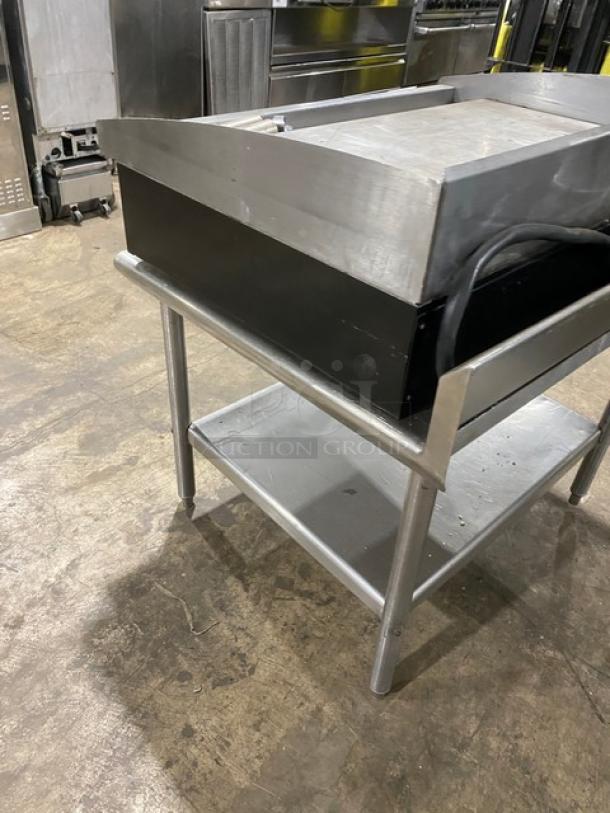 Star Max Series 36" stainless steel electric griddle with back & side splash, single undershelf stand, and sturdy legs.