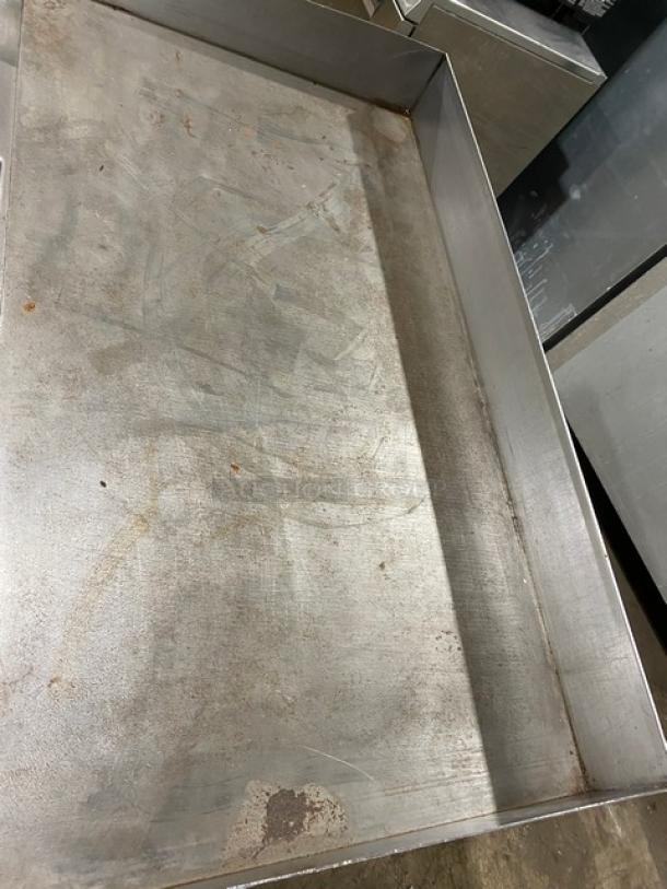 Star Max Series 36" stainless steel electric griddle with back and side splash, single undershelf stand, on legs. Used condition.