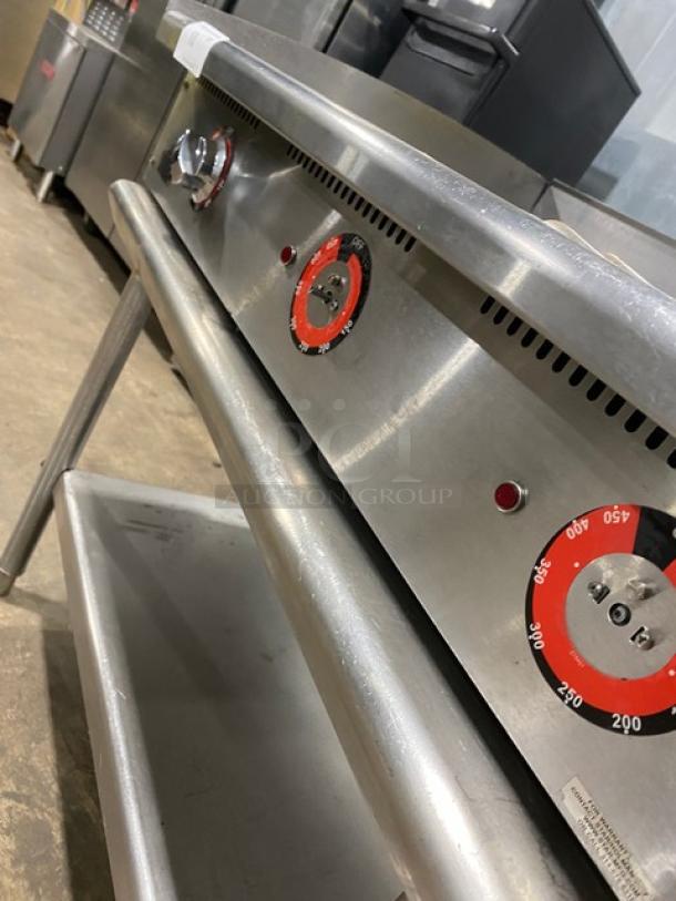 Star Max Series 36" electric countertop griddle in stainless steel, with back and side splash, single undershelf stand, on legs.