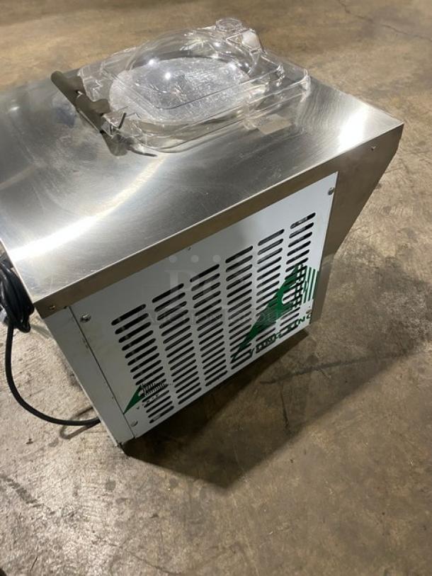 Stainless steel electric countertop ice cream machine, Model ICM-12, single-flavor, 2023, 110V, like new condition.