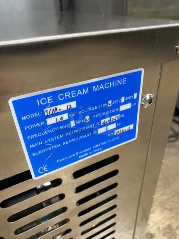 Stainless steel electric countertop ice cream machine, Model ICM-12, 2023, 110V, single-flavor, excellent condition.