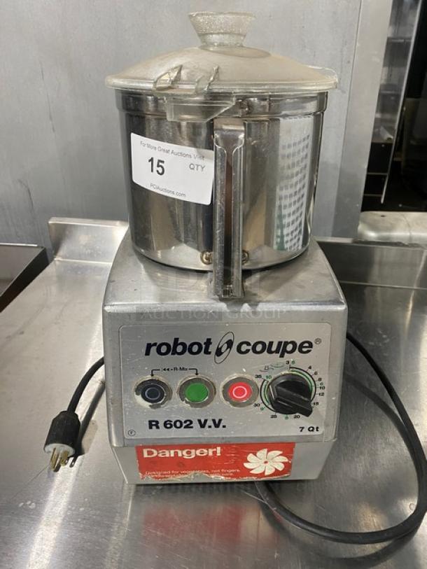 Robot Coupe R602V.V.F countertop food processor with 7 qt. stainless bowl, electric, 120V 1-phase, used condition.