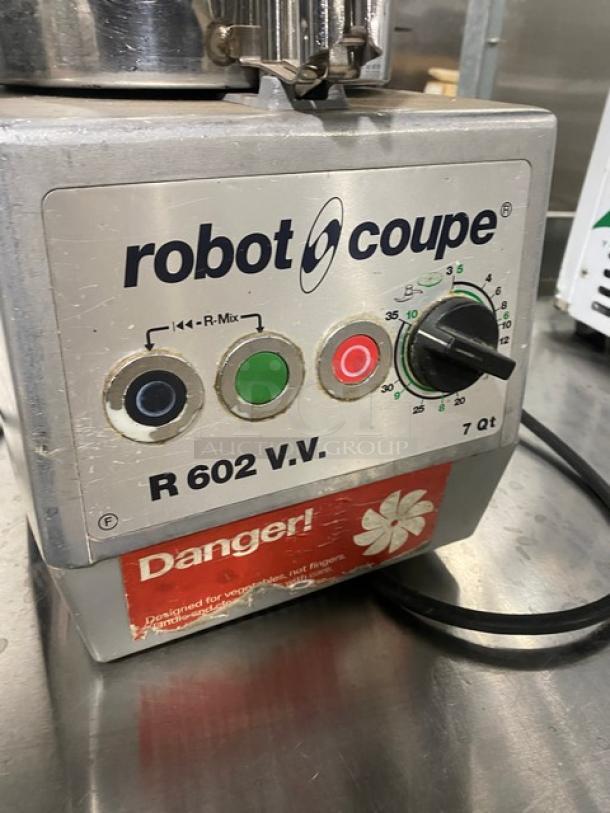 Robot Coupe R602V.V.F Commercial Food Processor with 7 Qt. stainless bowl, 120V 1 Phase; features controls and warning label.