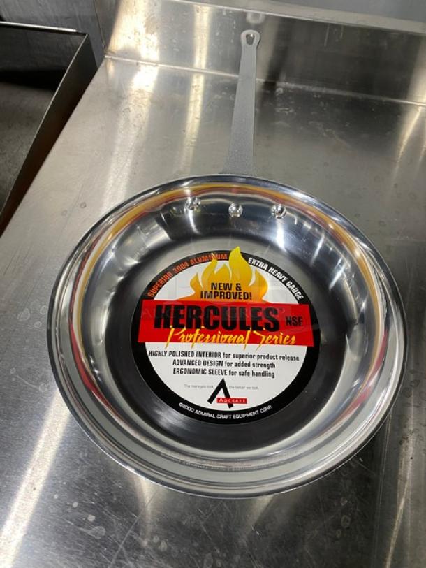 Adcraft Hercules Professional Series aluminum fry pan, model HER12FP/4; highly polished, ergonomic handle; new condition.