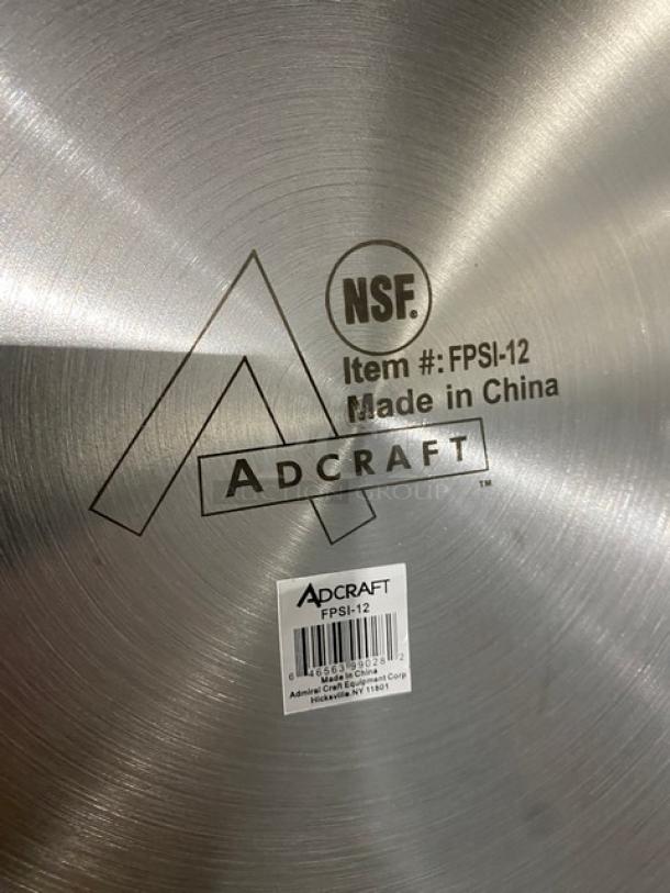 Adcraft Titan Series 12" Frying Pan, stainless steel, model FPSI-12, new condition, NSF certified, Made in China label.