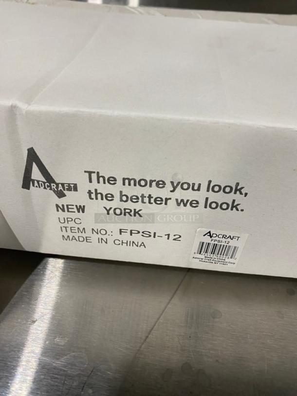 Adcraft Titan Series commercial 12" frying pan box, model FPSI-12. New, stainless steel, with brand markings.