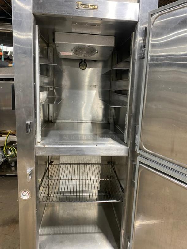Traulsen RDT132WUT stainless steel commercial refrigerator/freezer combo, features pan slide, chrome rack, 115V, SN: 158897.