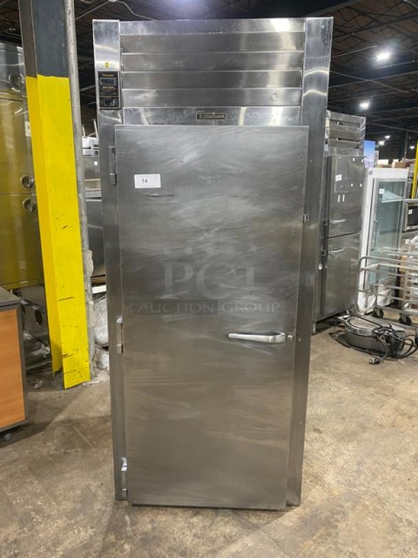 Traulsen commercial stainless steel roll-in refrigerator, model RRI132LUT, single door, used, 115V, 1 phase.