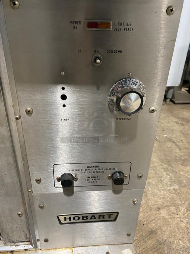 Hobart CN85 stainless steel convection oven, thermostatic control, timer, 208V, countertop model, on legs, good condition.
