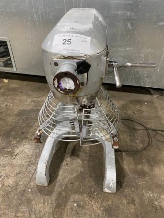 Commercial Electric 20 Qt. Planetary Mixer, Model VFM20C, with stainless steel bowl guard. 110V, 1 phase. Visible wear on legs.