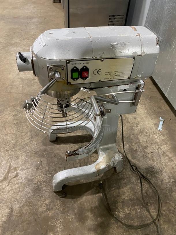 Commercial electric 20 Qt. planetary mixer, model VFM-20C, with stainless steel bowl guard, 110V 1 phase, on legs, moderate wear.