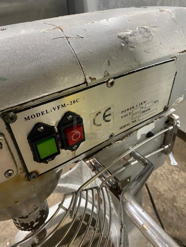 Commercial 20 Qt. planetary mixer, model VFM-20C, with stainless steel bowl guard, 110V 1 phase, worn exterior.
