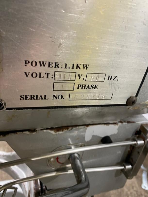 Commercial electric 20 Qt. planetary mixer, model VFM-20C, 110V, 1 phase, stainless steel bowl guard, SN: 620716, on legs.