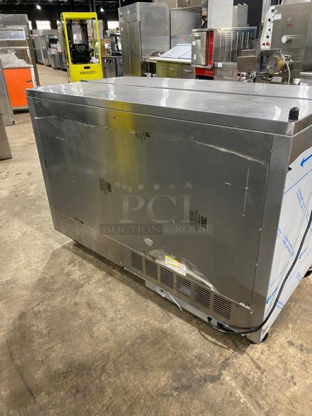 Beverage-Air SM58NS commercial stainless steel milk cooler, single-access, with poly coated wired rack, on casters, model SM58N-S.