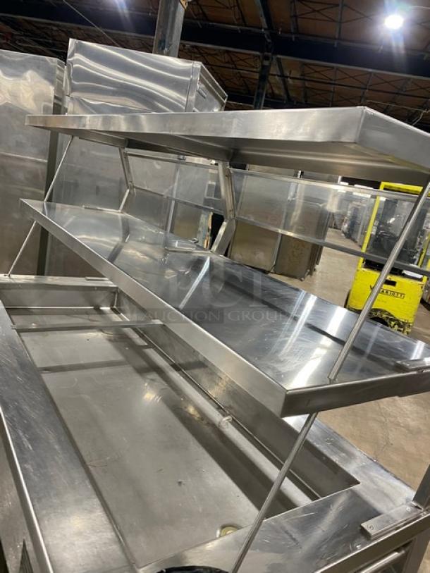 Precision SST2024RTNYC stainless steel refrigerated salad bar, double overhead shelf, sneeze guard, on casters, 120V 1 phase.