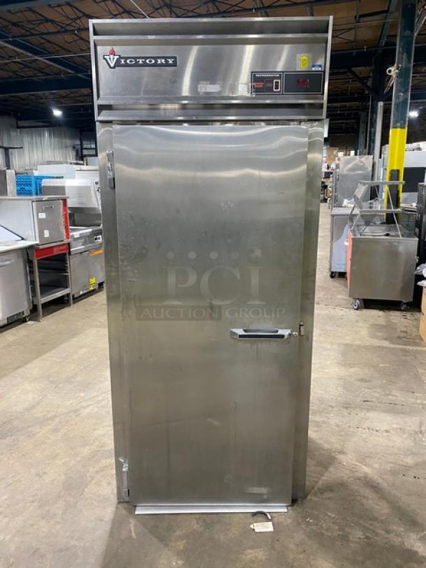 Victory RIS-1D-S7-PT stainless steel roll-in pass-thru refrigerator, single door, 115V, commercial grade, in good condition.