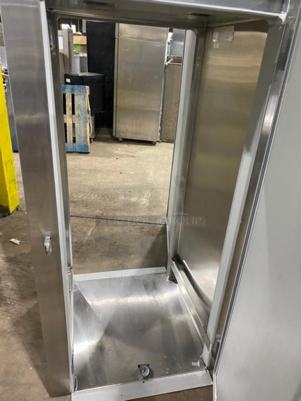 Victory stainless steel roll-in pass-thru refrigerator, model RIS1DS7PT. Single door, commercial-grade, 115V 1 Phase, SN: M0391561.