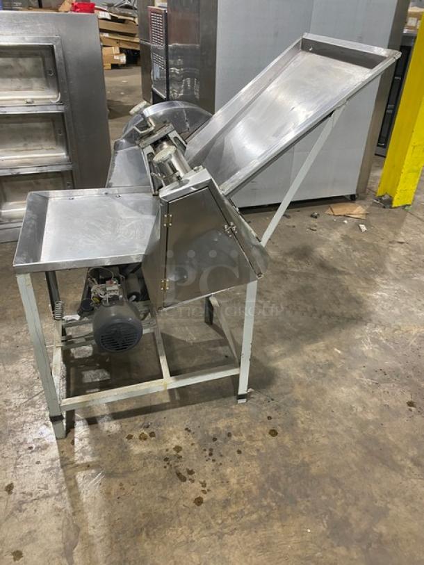 Commercial stainless steel electric dough roller/sheeter, high speed, free-standing on legs, used condition.