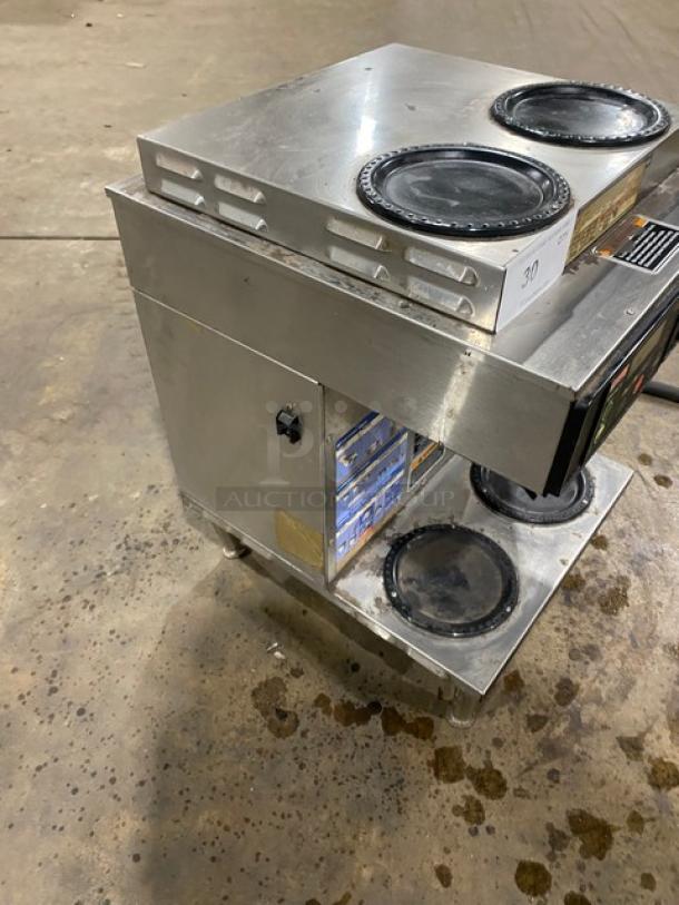 Bunn Dunkin' Donuts Style AXIOM Series twin coffee brewer with digital control, 4 warming plates, model AXIOM22TWIN, on legs.