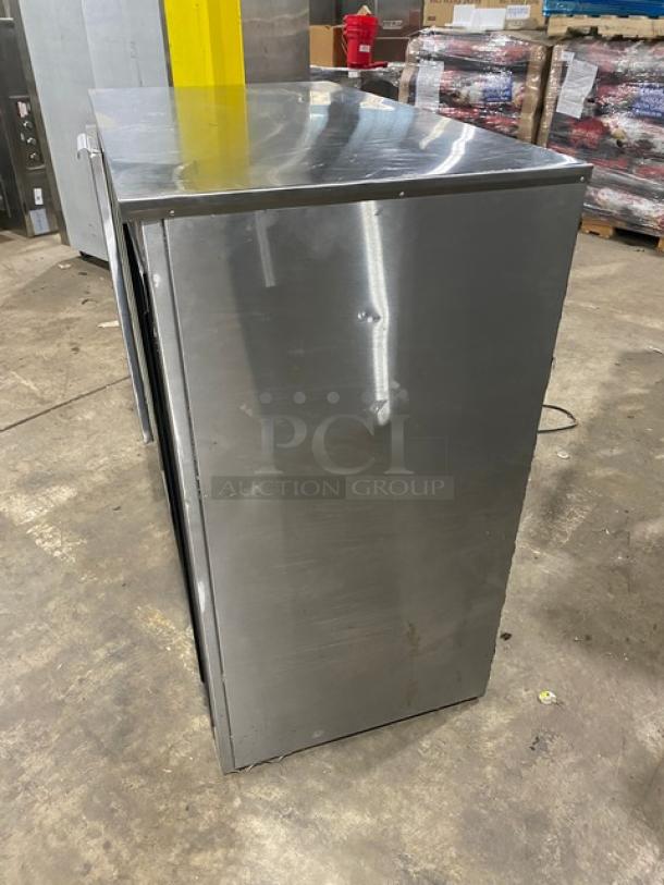Leader Commercial Stainless Steel 2 Door Refrigerated Worktop Lowboy, Model LB48SC, with glass sliding doors, on casters.